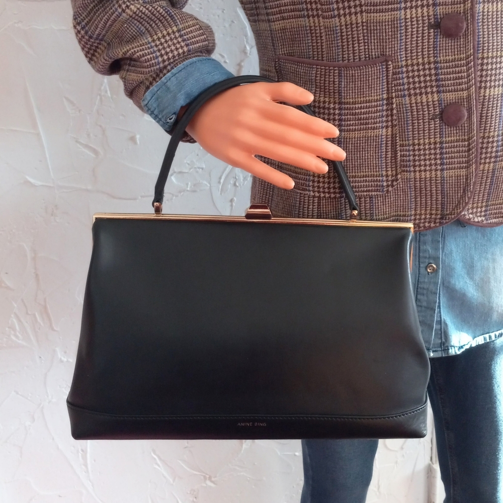 Anine Bing Elly Gold Frame Satchel Bag, Black Leather